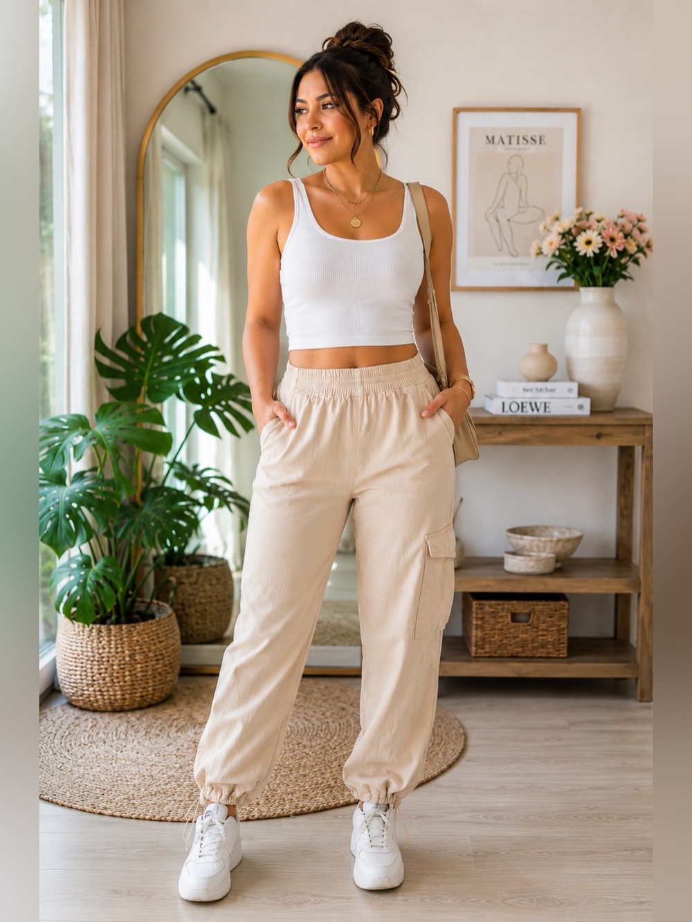 Studio Blue Beige Cargo Jogger Pants Size 27 Utility Cotton Stretch